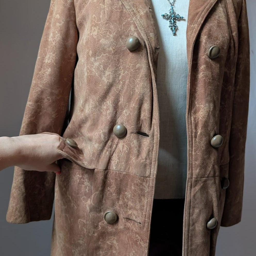 Vintage 70s Orange Brown Suede Leather Trench Coat S Western Boho Duster Jacket