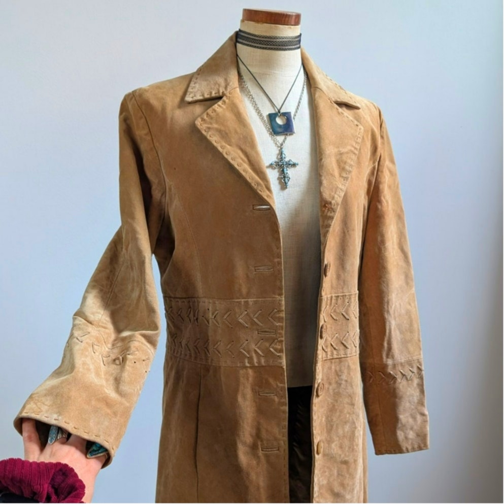 Y2K Tan Leather Trench Coat Neutral Suede Jacket Penny Lane Western Boho Large