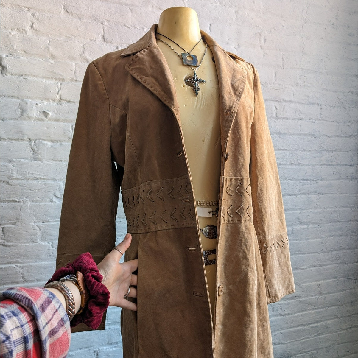 Y2K Tan Leather Trench Coat Neutral Suede Jacket Penny Lane Western Boho Large