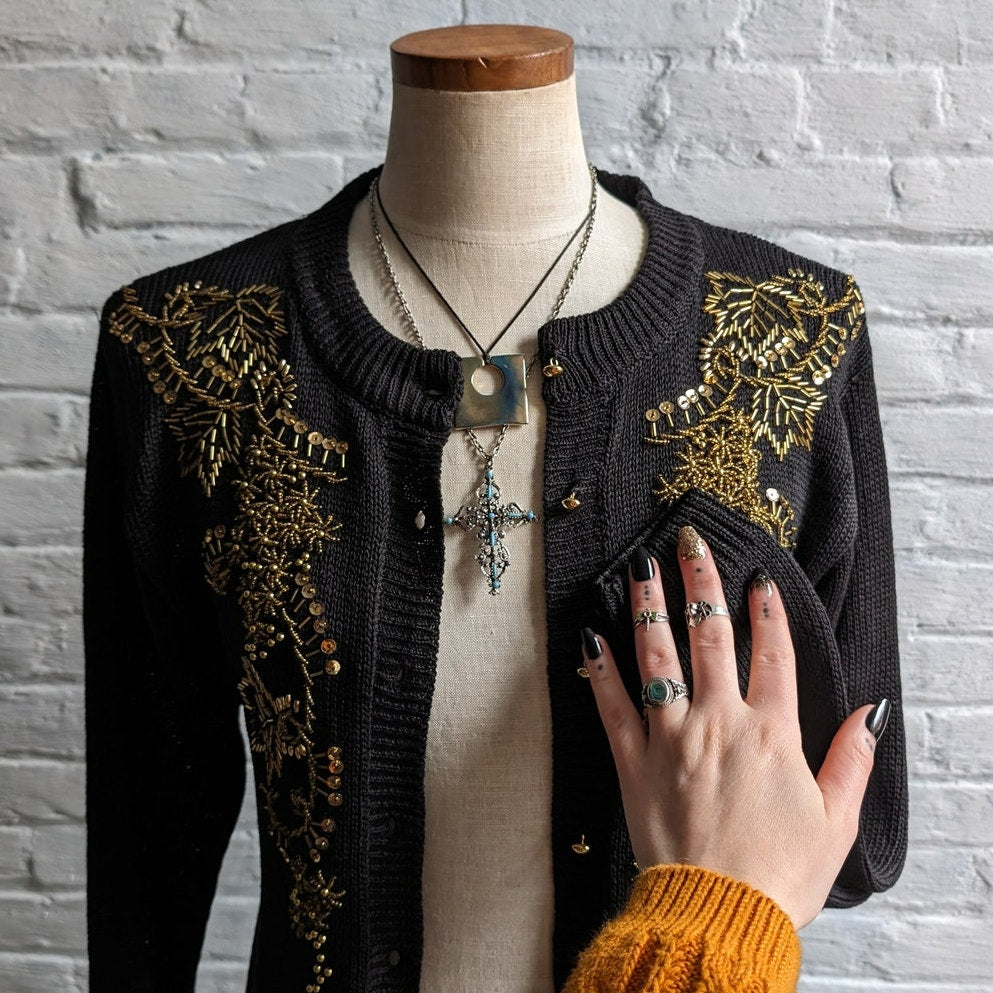 Vintage Black Knit Cardigan Gold Beaded Sweater Glam Goth Granny Chic Top Small
