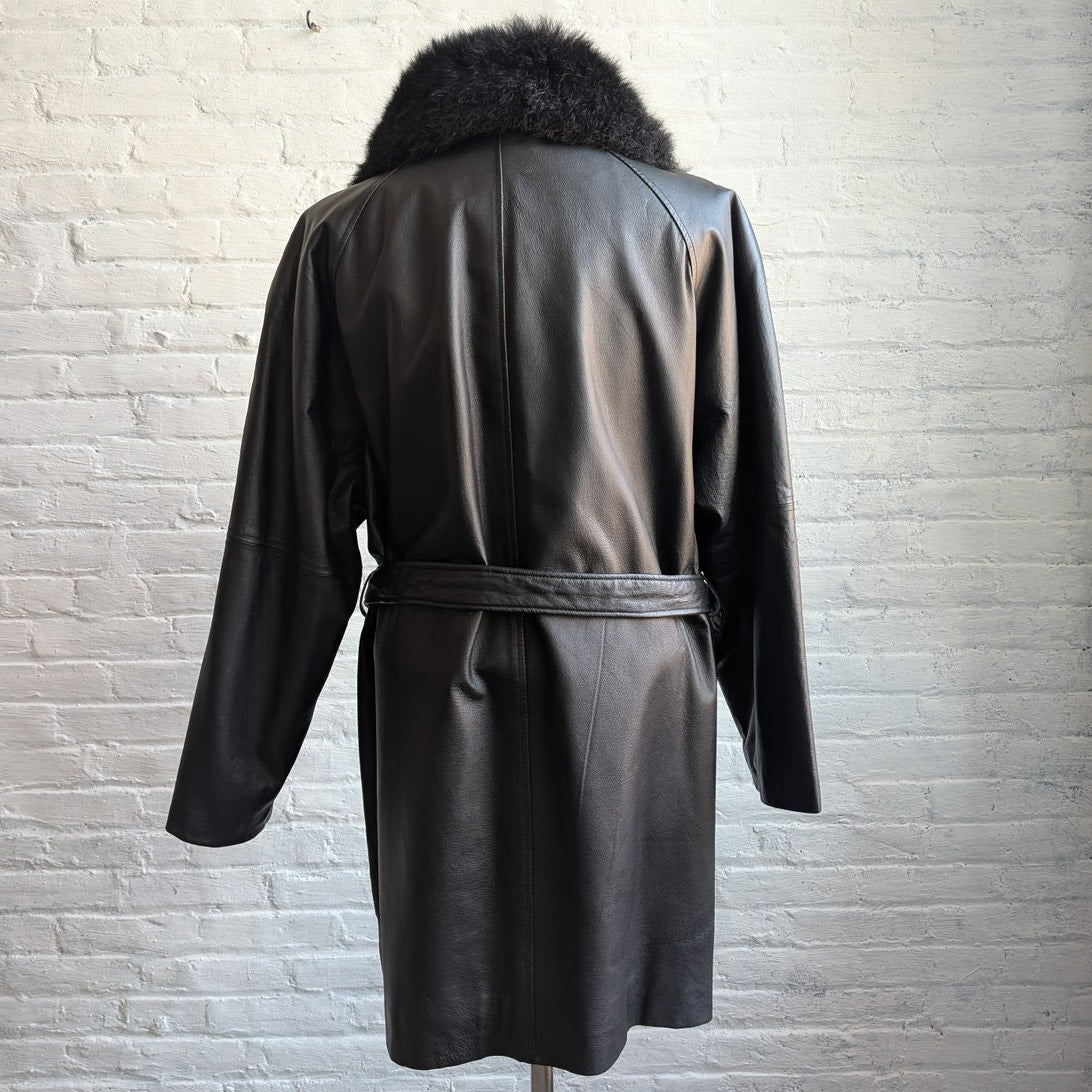 Vintage Black Leather Penny Lane Coat Fur Trench Minimalist Goth Furry Jacket
