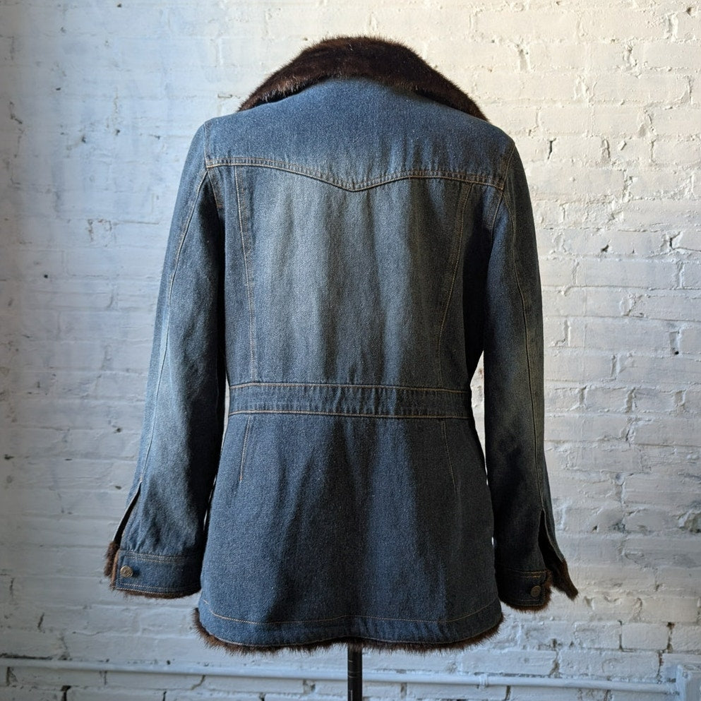 Vintage Denim Faux Fur Jacket Blue Jean Penny Lane Furry Cozy Western Chore Coat