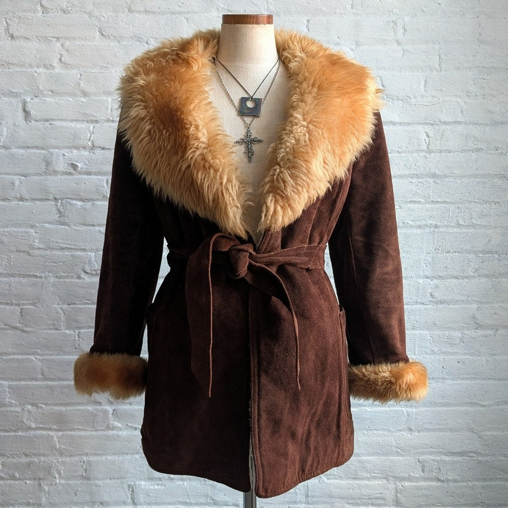 Vintage Brown Suede Penny Lane Coat Faux Fur Furry Afghan Leather Groovy Jacket