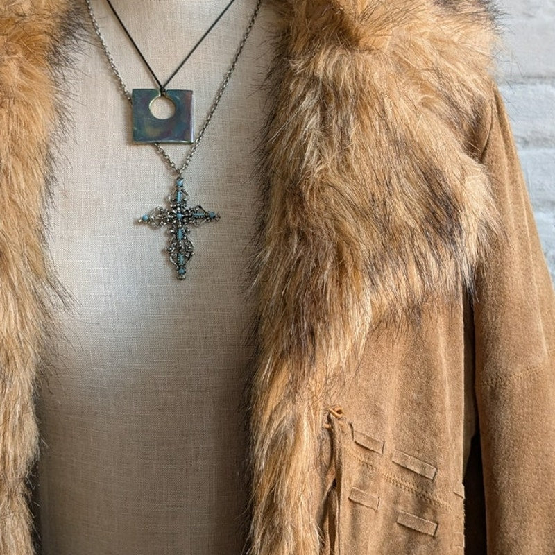 Vintage Brown Suede Penny Lane Jacket Afghan Faux Fur Groovy Leather Trench Coat