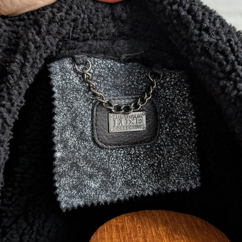 Vintage Black Leather Shearling Coat Afghan Fur Minimalist Chic Luxury Jacket