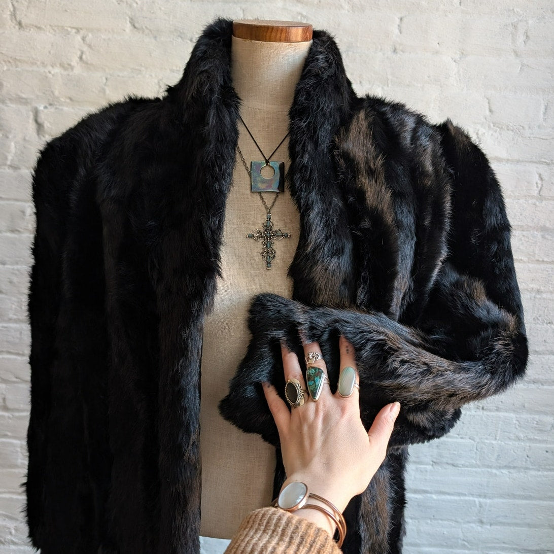 Vintage Jet Black Genuine Rabbit Fur Coat Minimalist Furry Fuzzy Bomber Jacket