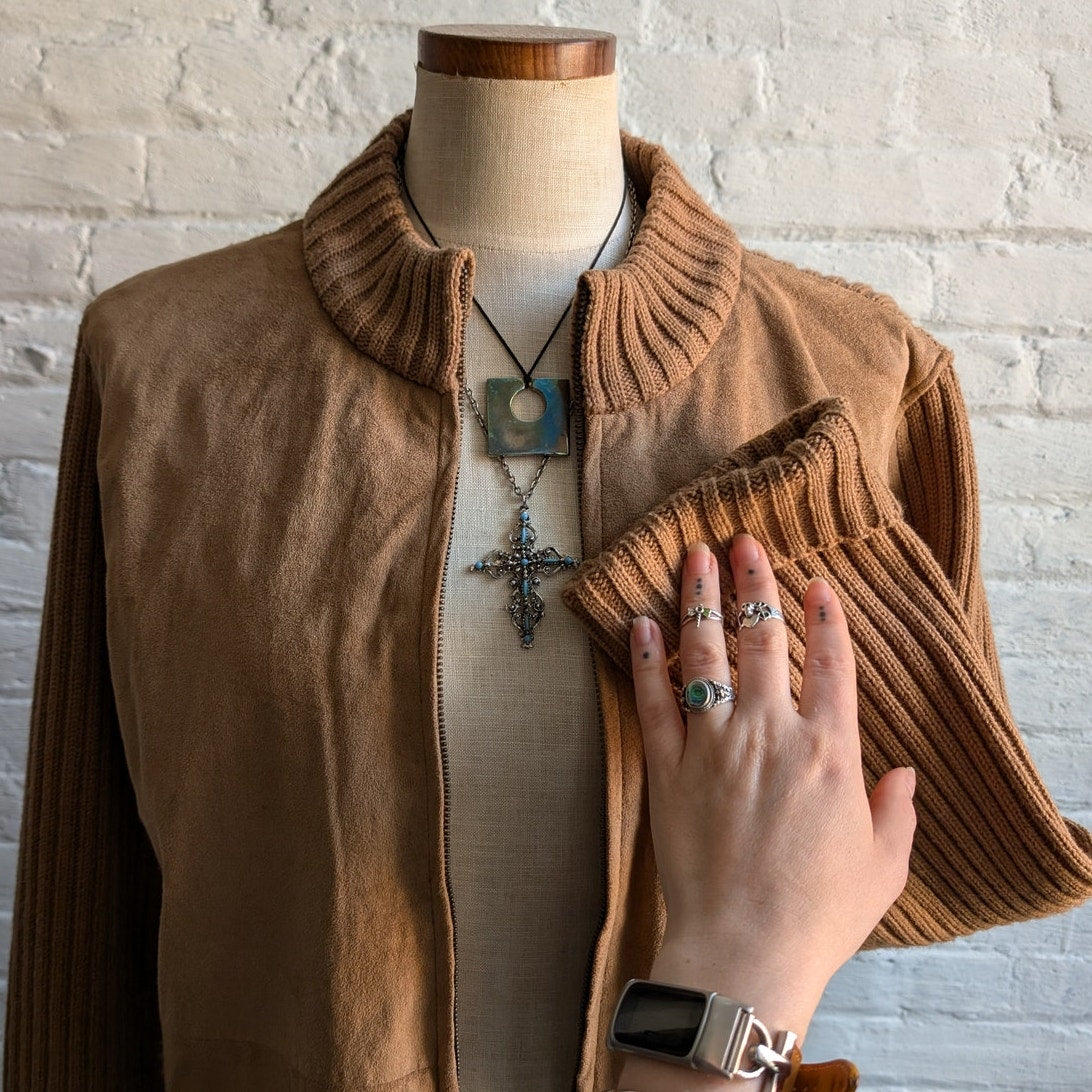 90s Vintage Brown Suede Jacket Vegan Knit Shacket Cozy Boho Western Cardigan