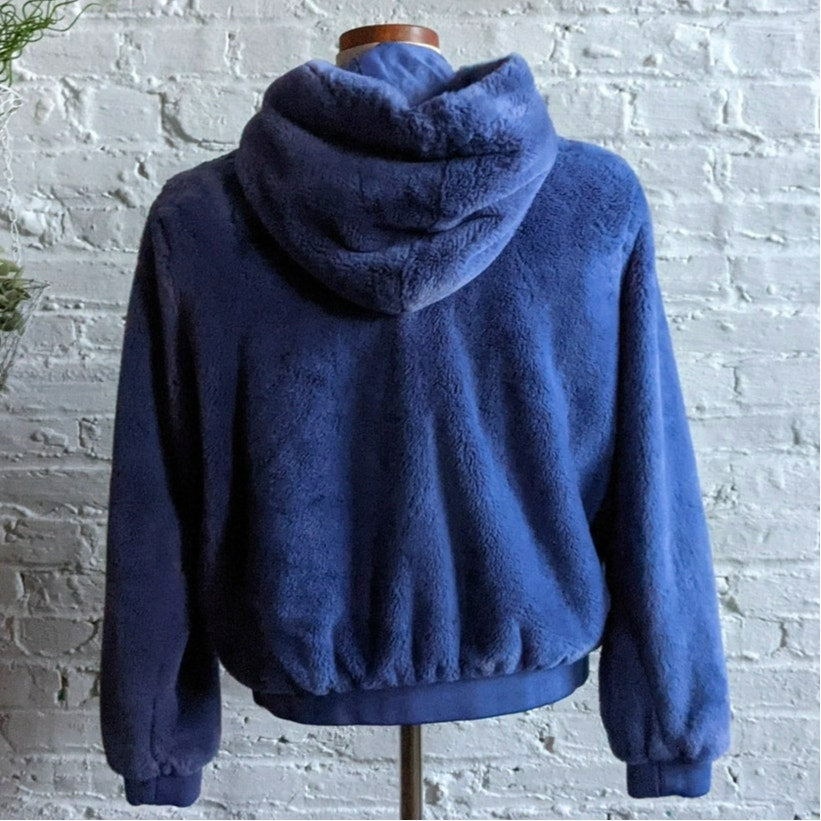 Y2K Blue Faux Fur Jacket Furry Hooded Zip Up Sweatshirt M Velvet Fuzzy Sweater