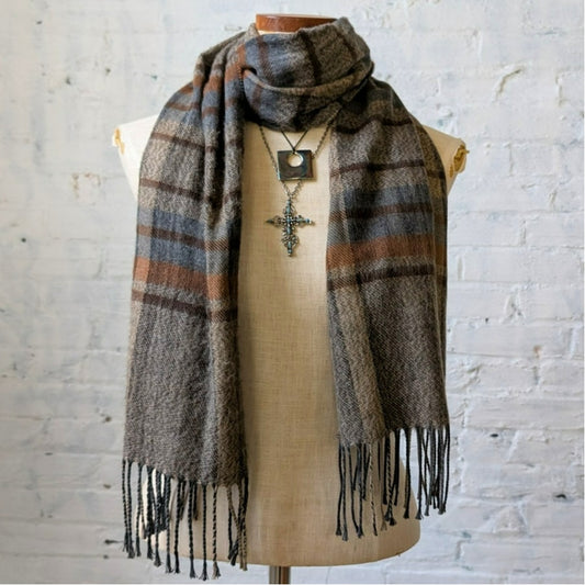 Vintage Knit Earthy Plaid Fringe Scarf Italian Striped Flannel Fuzzy Shawl Wrap