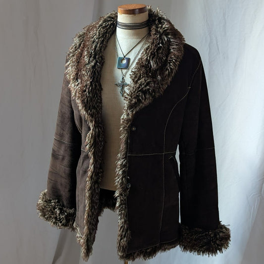 Y2K Vintage Brown Suede Coat L Faux Fur Trim Boho Leather Jacket Penny Lane Coat