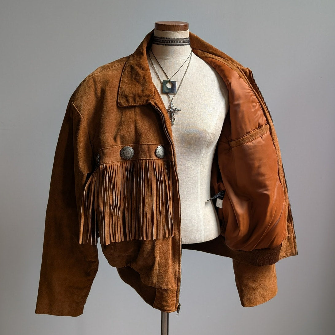 Vintage Brown Suede Leather Jacket Fringe Biker Western Moto Bomber Coat Large