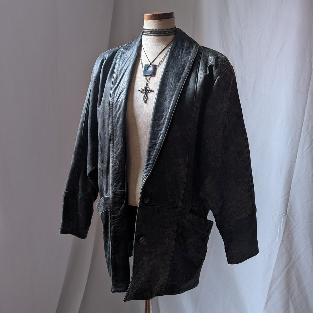 90s Vintage Black Leather Trench Coat L Slouchy Model Off Duty Leather Jacket