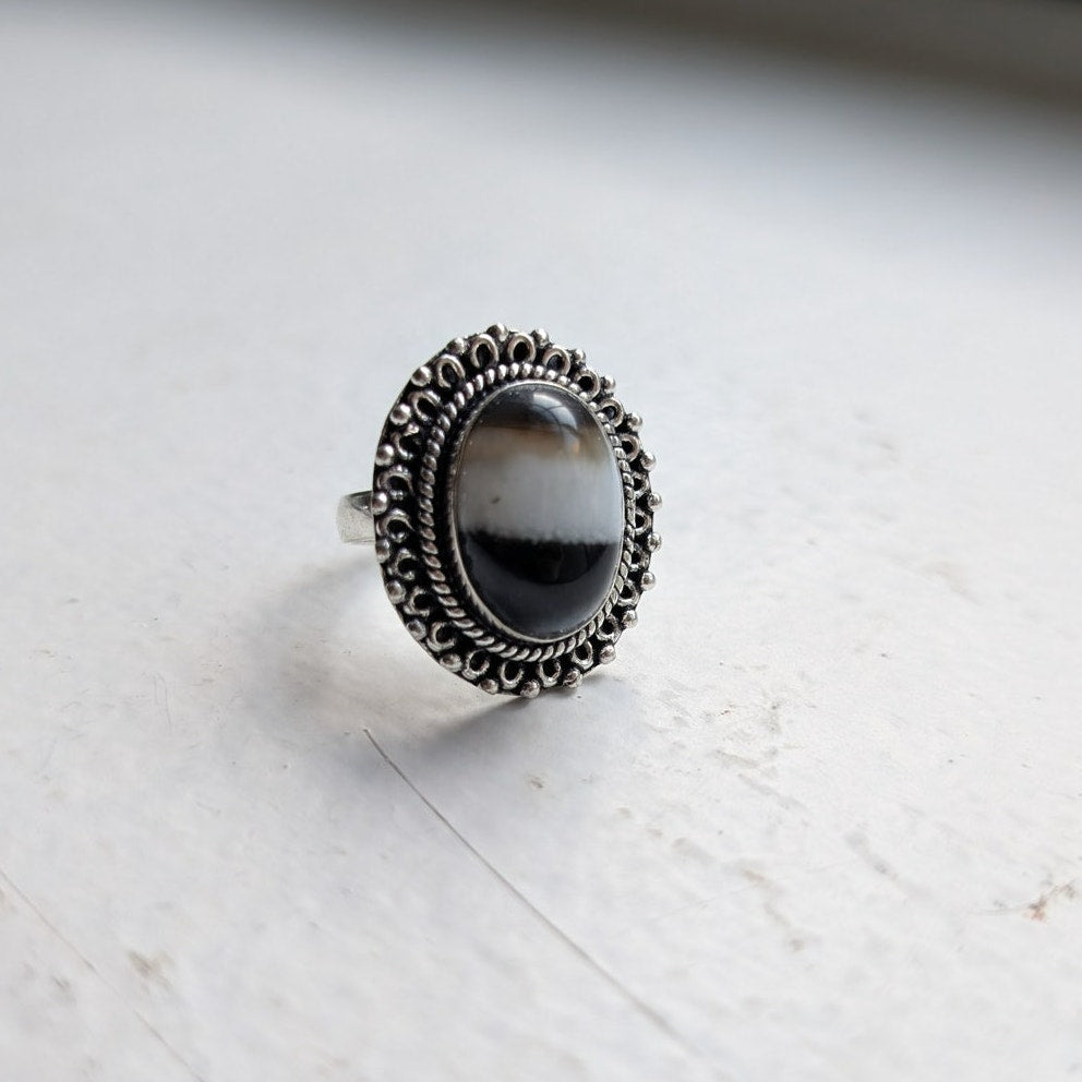Oval Black Statement Ring Sterling Silver Ring Vintage Boho Natural Stone 7.5