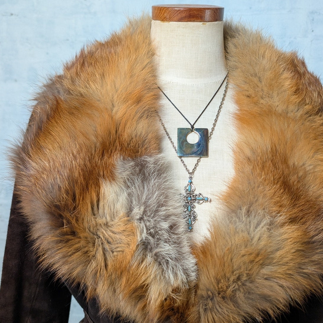 Penny Lane Coat Vintage Brown Leather Trench Coat Brown Suede Fur Coat Large