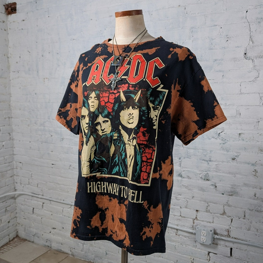 70s Retro Black Distress Graphic Print Concert Band Tee ACDC Rock Acid Wash Top