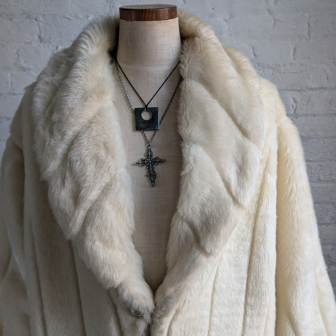 Vintage White Faux Fur Trench Coat Mob Wife Fuzzy Glam Plush Snow Bunny Jacket