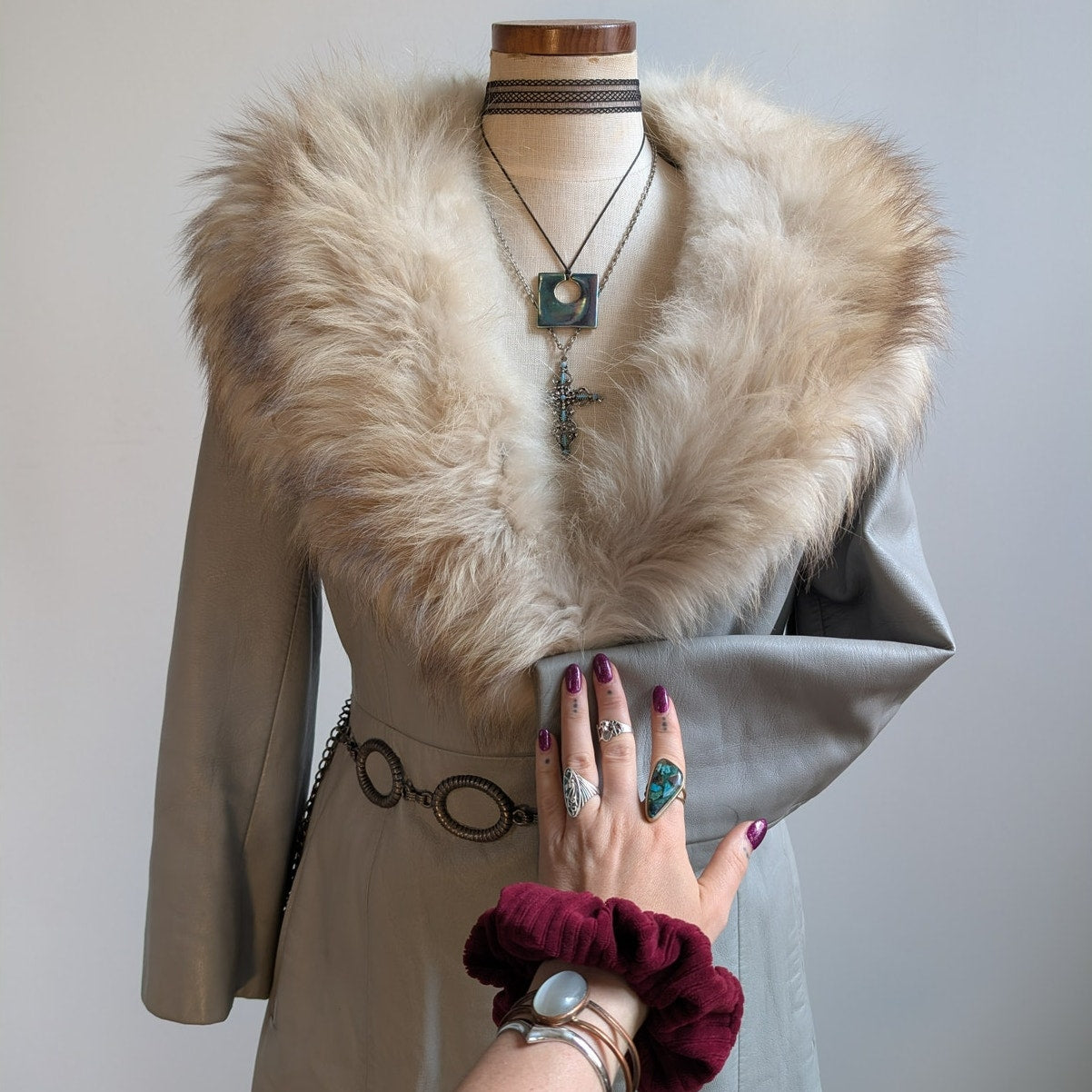 Vintage Leather Penny Lane Coat Grey Cream Fur Trim Trench Afghan Jacket Medium