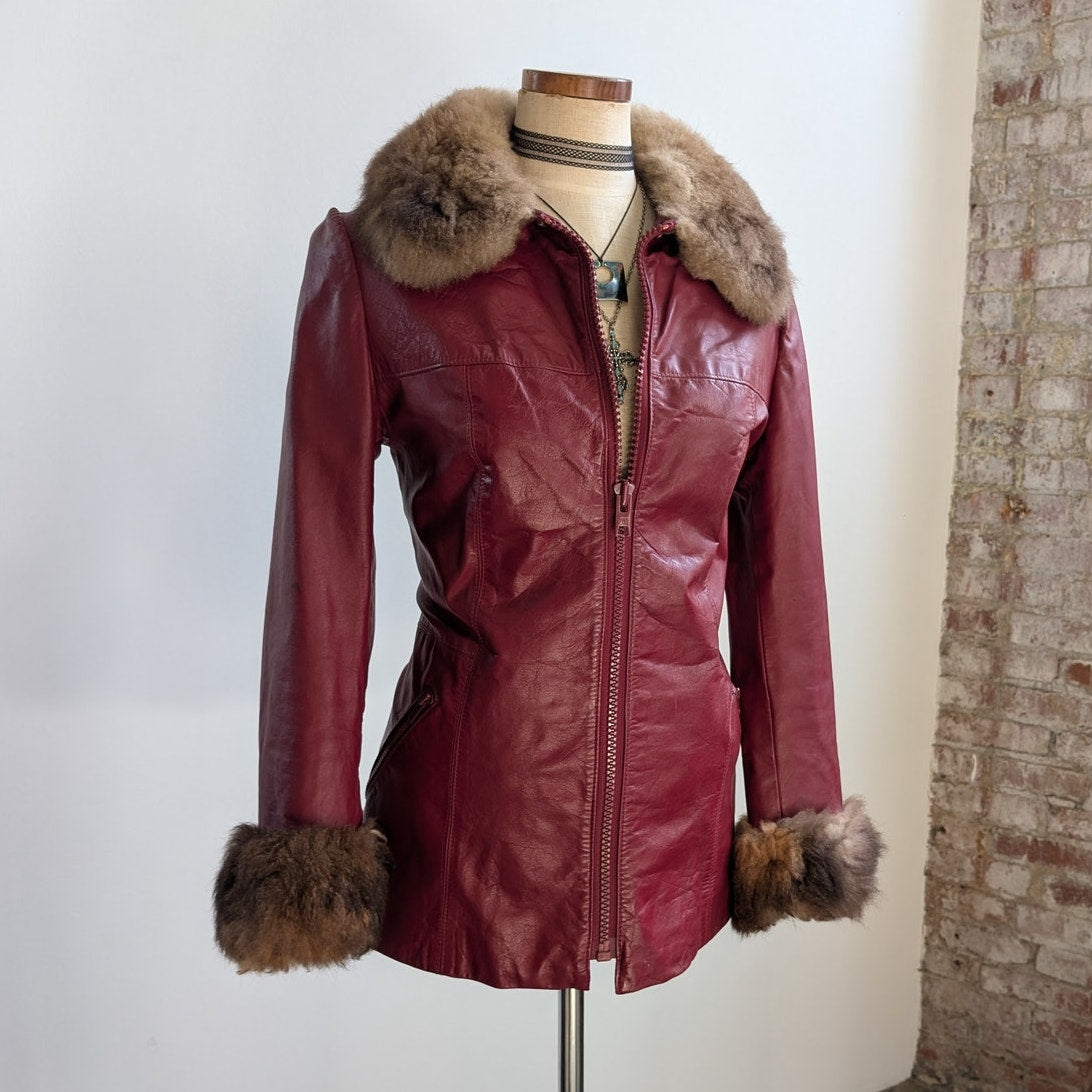 Vintage Red Leather Jacket Penny Lane Fur Trim Coat Grunge Boho Bomber Medium