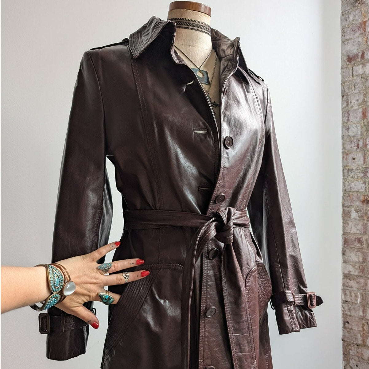 Vintage Brown Red Leather Jacket Minimalist Grunge Chic Biker Trench Coat Large