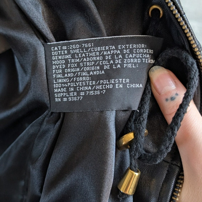 Vintage Black Leather Jacket Fox Fur Coat Sexy Black Leather Trench Coat Medium