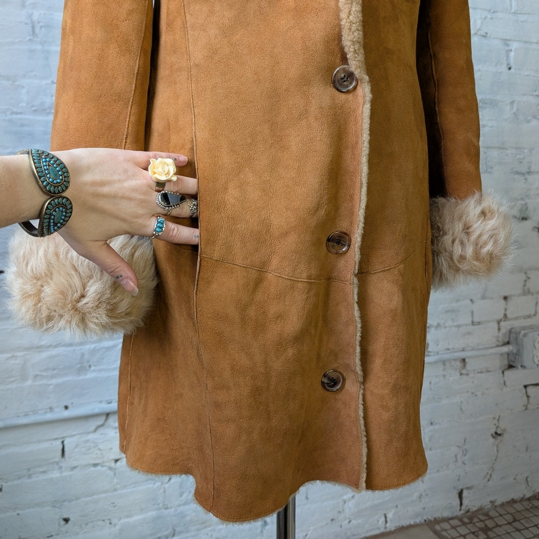 Vintage Orange Suede Penny Lane Fur Jacket Groovy Boho Furry Western Trench Coat