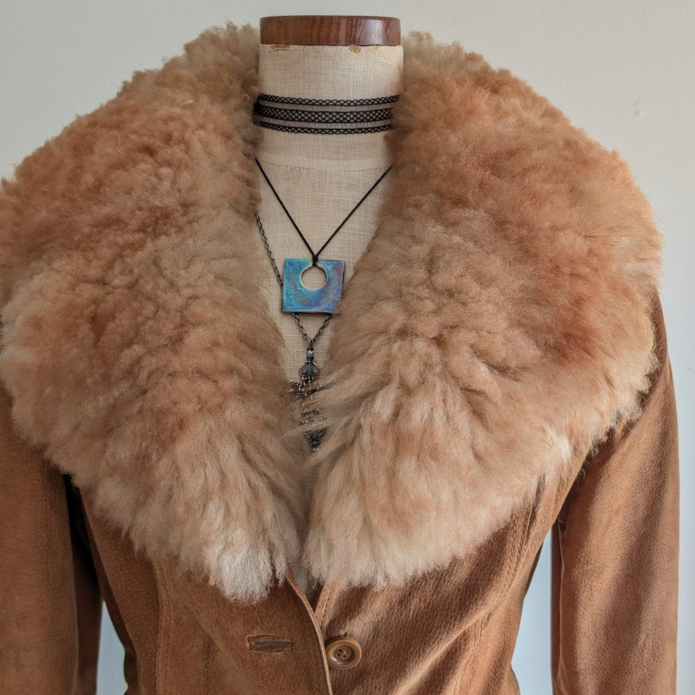 Vintage Brown Leather Coat 70s Suede Penny Lane Jacket Boho Chic Neutral Small