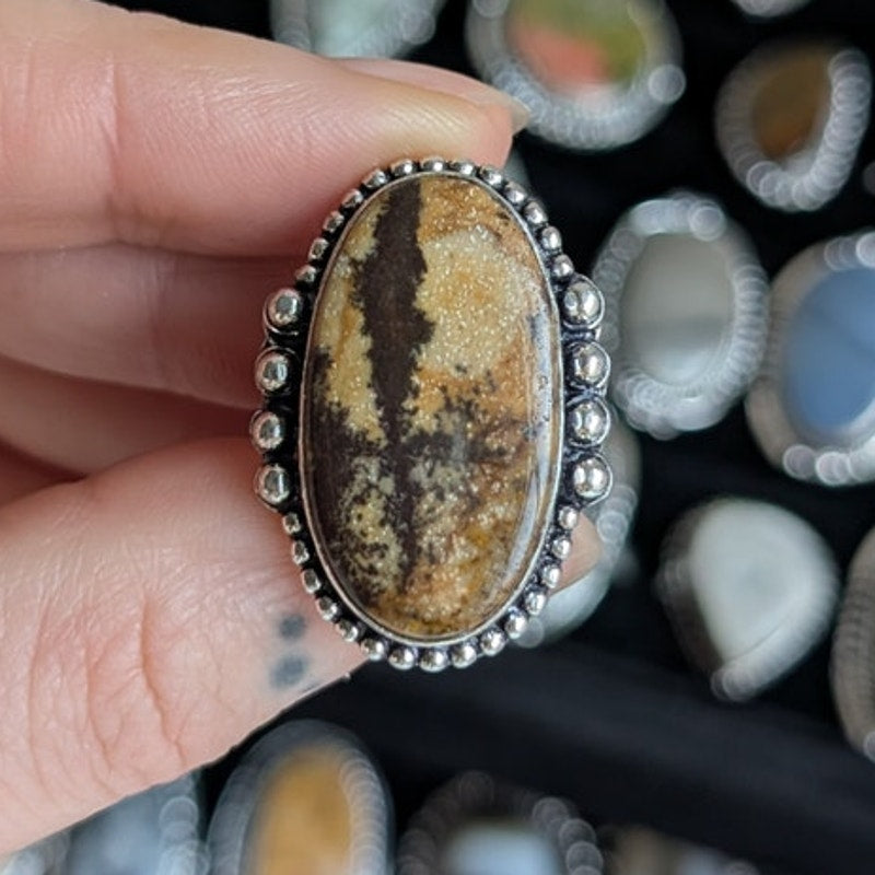 Oval Brown Yellow Sterling Silver Ring Retro Vintage Boho Natural Stone Size 7