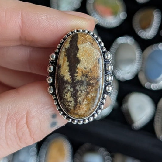 Oval Brown Yellow Sterling Silver Ring Retro Vintage Boho Natural Stone Size 7