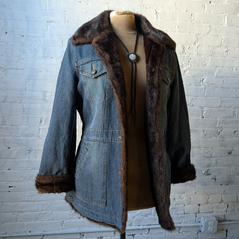 Vintage Denim Faux Fur Jacket Blue Jean Penny Lane Furry Cozy Western Chore Coat