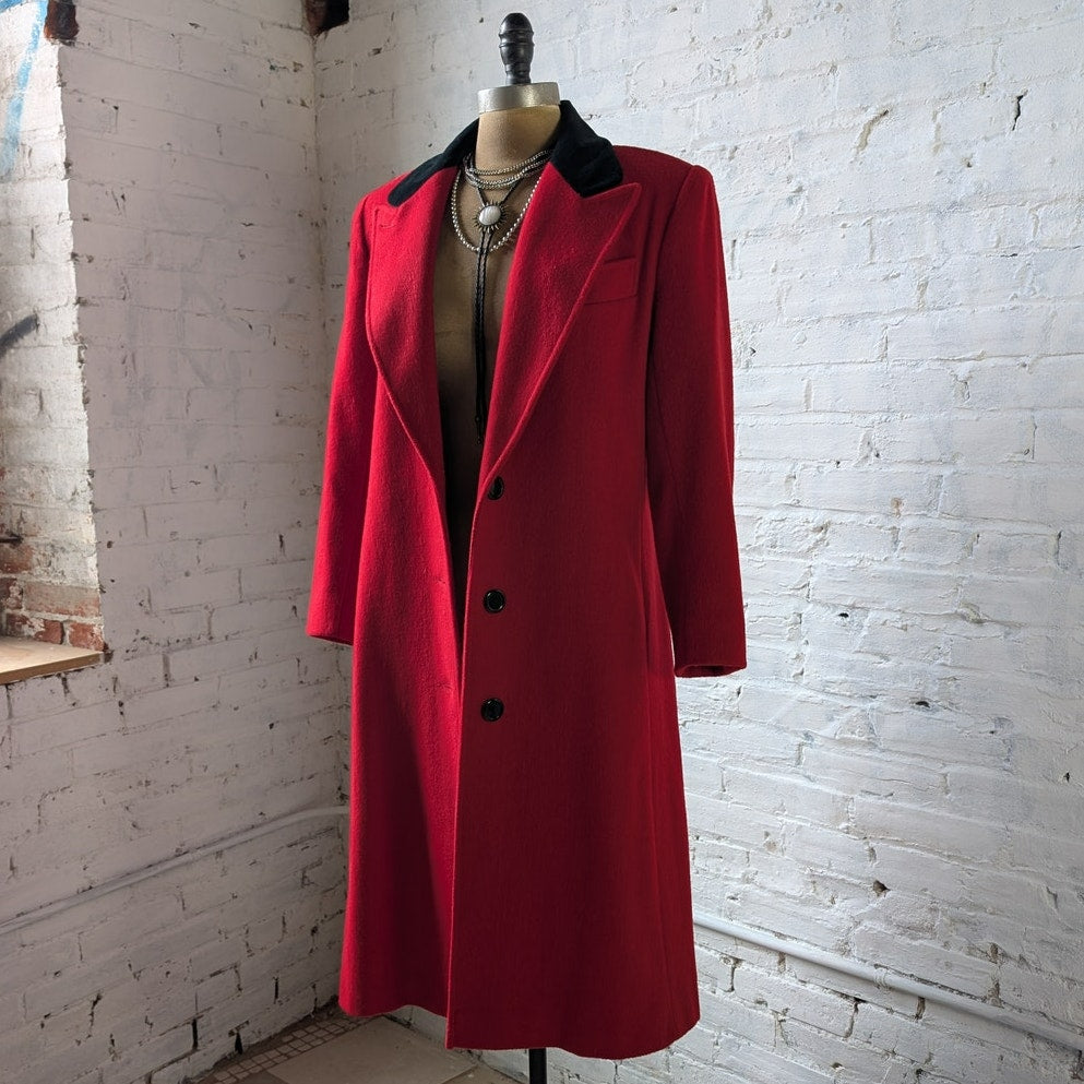 Vintage Red Wool Trench Coat Statement Velvet Collar Dark Romance Pleated Jacket