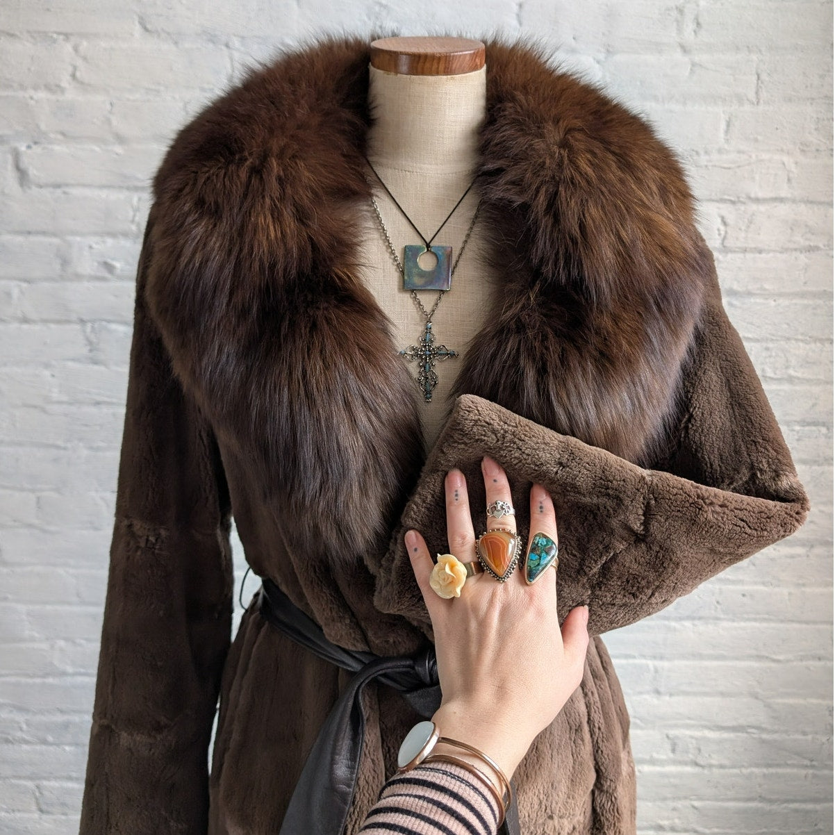 Vintage Brown Fox Fur Penny Lane Coat Mob Wife Leather Belted Furry Trench Coat
