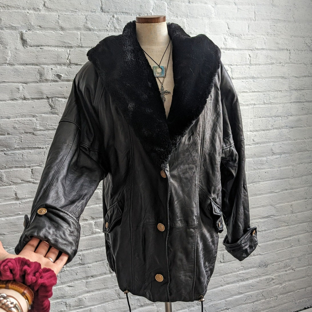 Vintage Black Genuine Leather Biker Jacket Hooded Faux Fur Grunge Duster Coat
