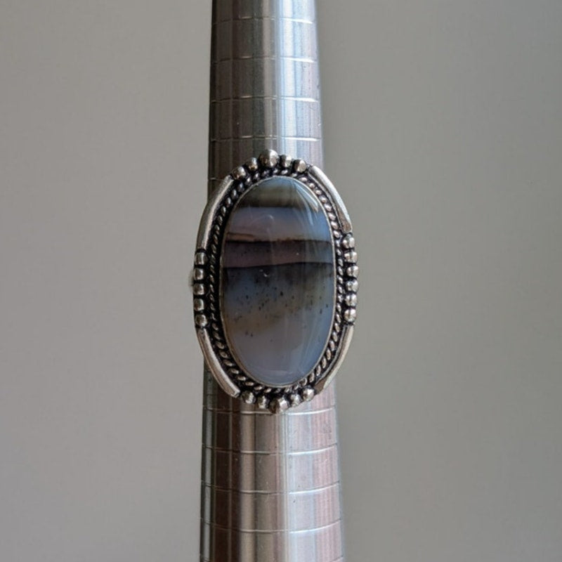 Oval Grey Statement Ring Sterling Silver Ring Vintage Boho Natural Stone Size 7