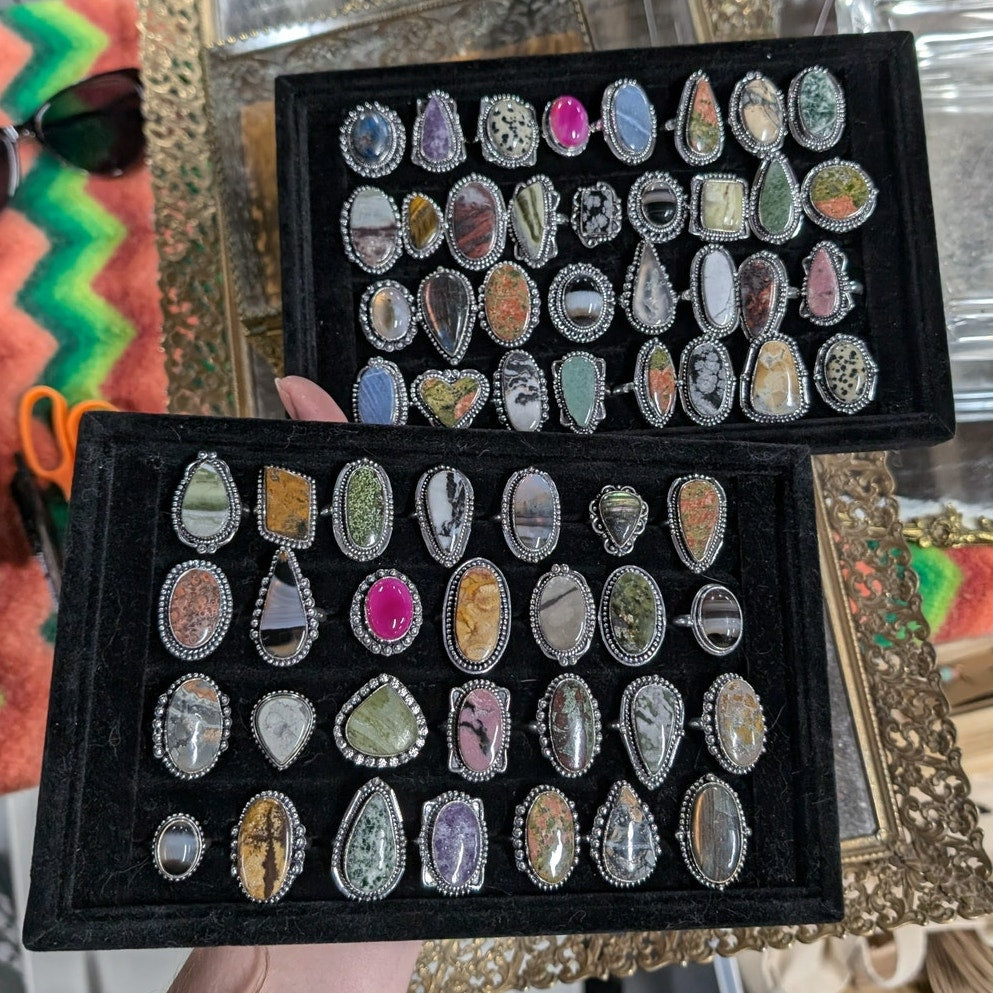 Blue Oval Sterling Silver Ring Retro Vintage style Boho Natural Stone Size 9.5