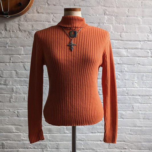 Y2K Vintage Orange Ribbed Knit Sweater Minimalist Sexy Grannycore Turtleneck Top