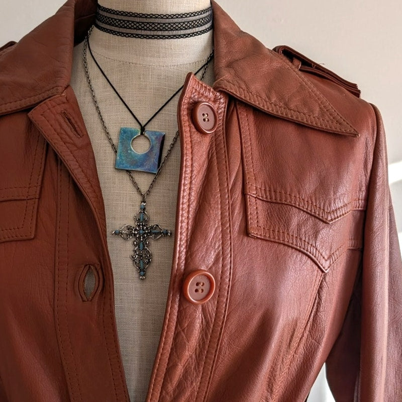 Vintage 70s Orange Brown Leather Trench Coat M Belted Western Boho Duster Jacket