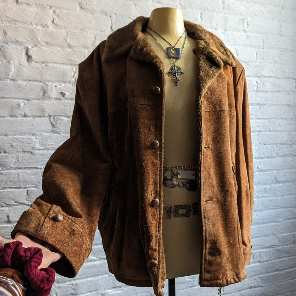 Vintage Burnt Orange Suede Leather Bomber Jacket Rusty Brown Western Chore Coat