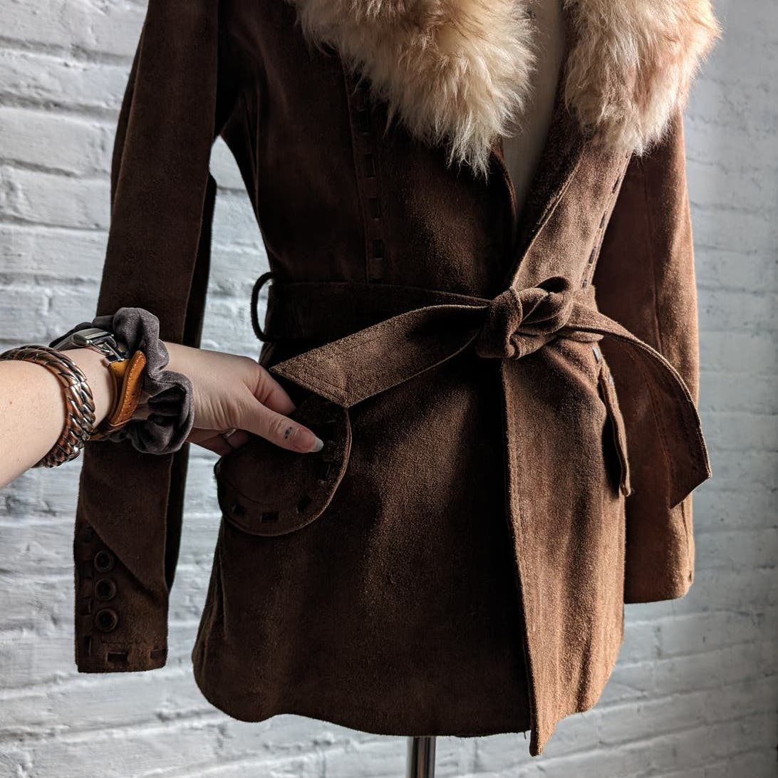 70s Penny Lane Groovy Suede Fur Jacket Furry Genuine Leather Mod Trench Coat