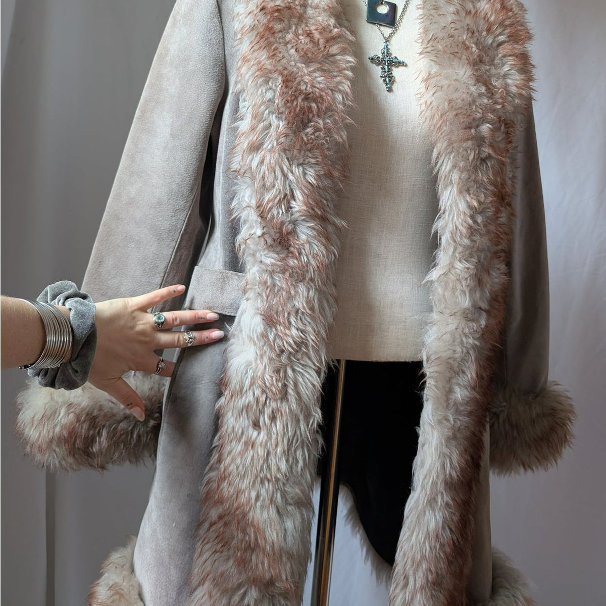 Vintage Suede Penny Lane Fur Trim Jacket M Tan Shearling 70s Leather Trench Coat