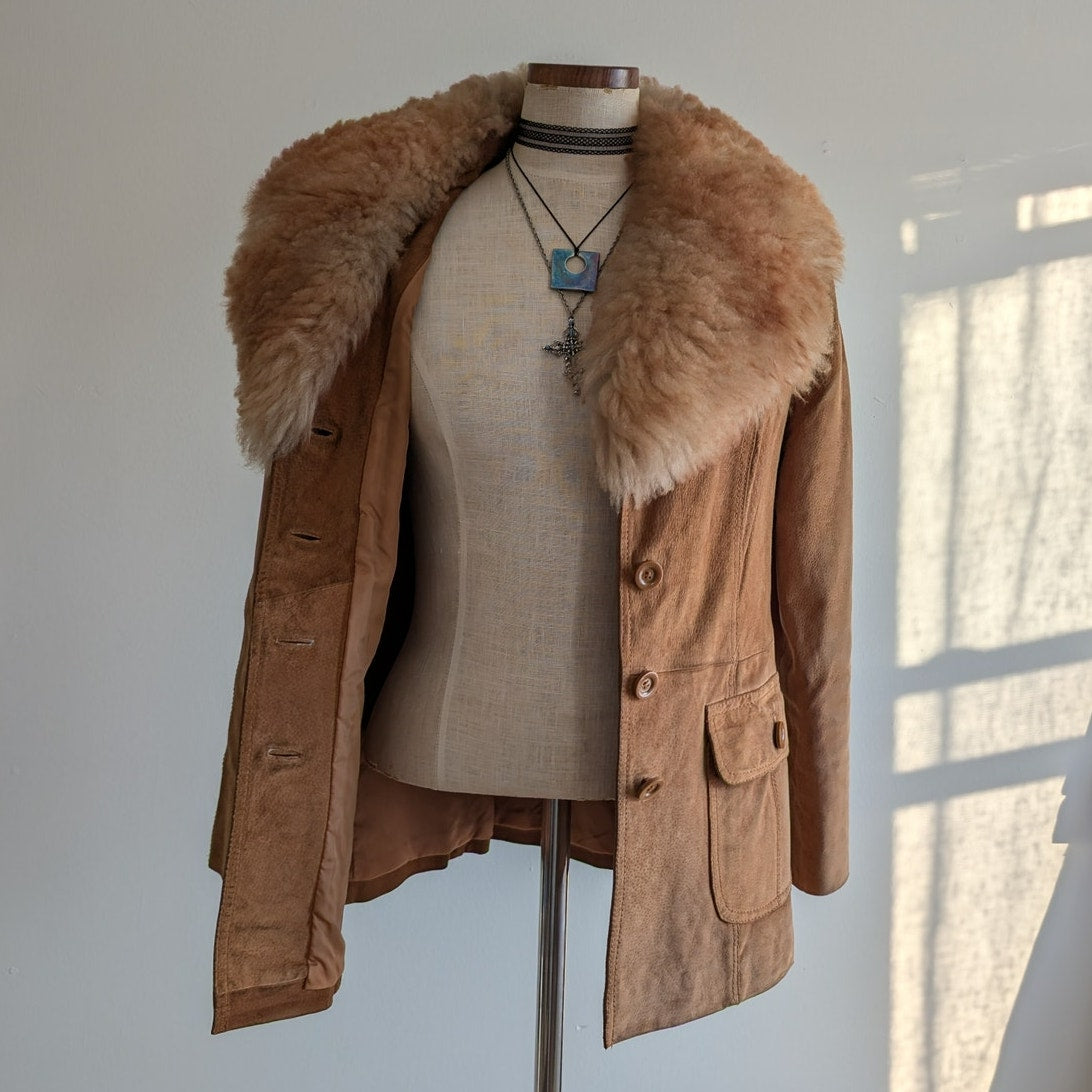 Vintage Brown Leather Coat 70s Suede Penny Lane Jacket Boho Chic Neutral Small