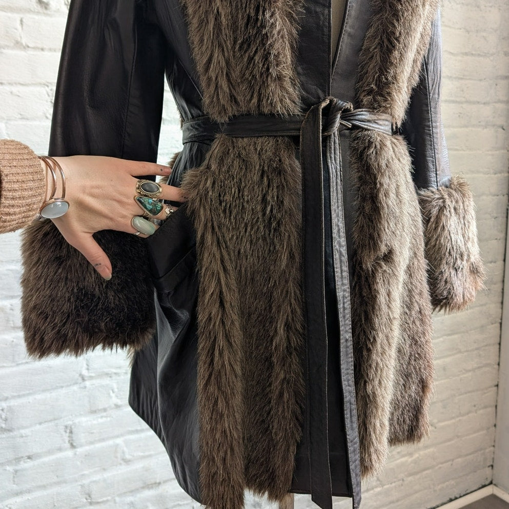 70s Vintage Black Brown Leather Penny Lane Coat Faux Fur Groovy Boho Moto Jacket