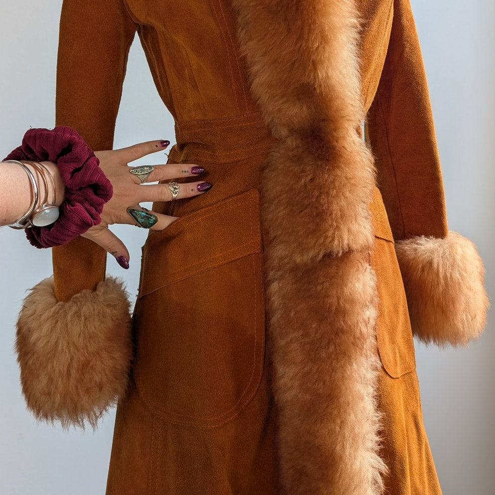 Vintage Orange Suede Penny Lane Afghan Trench Coat Fur Trim 70s Leather Jacket S
