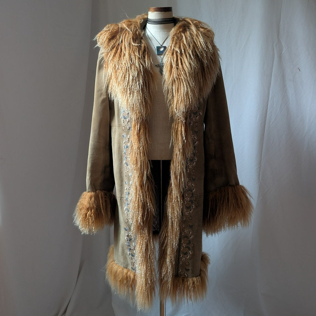 Vintage Rusty Brown Suede Coat L Penny Lane Trench Groovy Fur Jacket Afghan