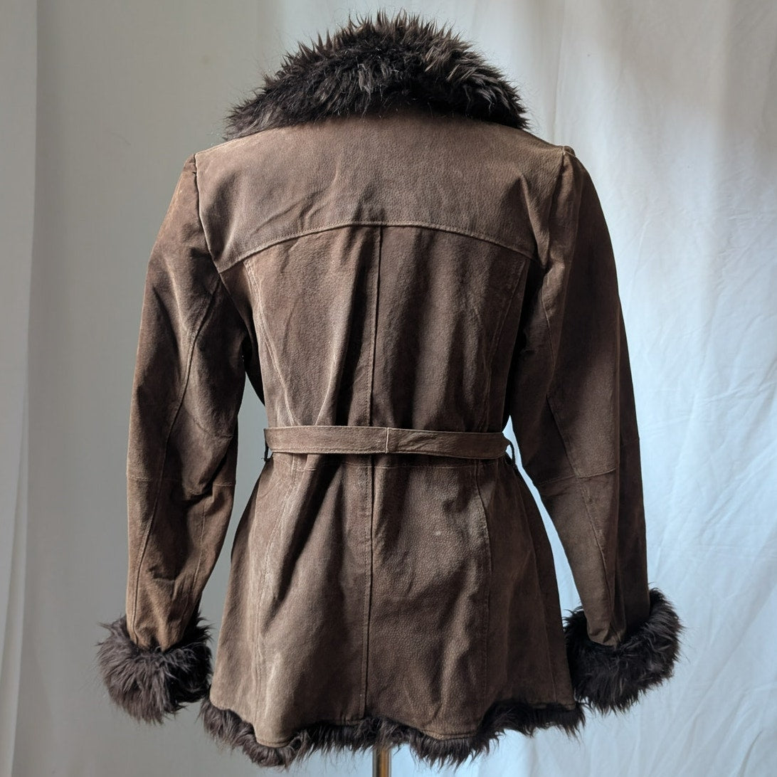 Y2K Vintage Brown Suede Penny Lane Coat M Faux Fur Leather Jacket Boho Afghan