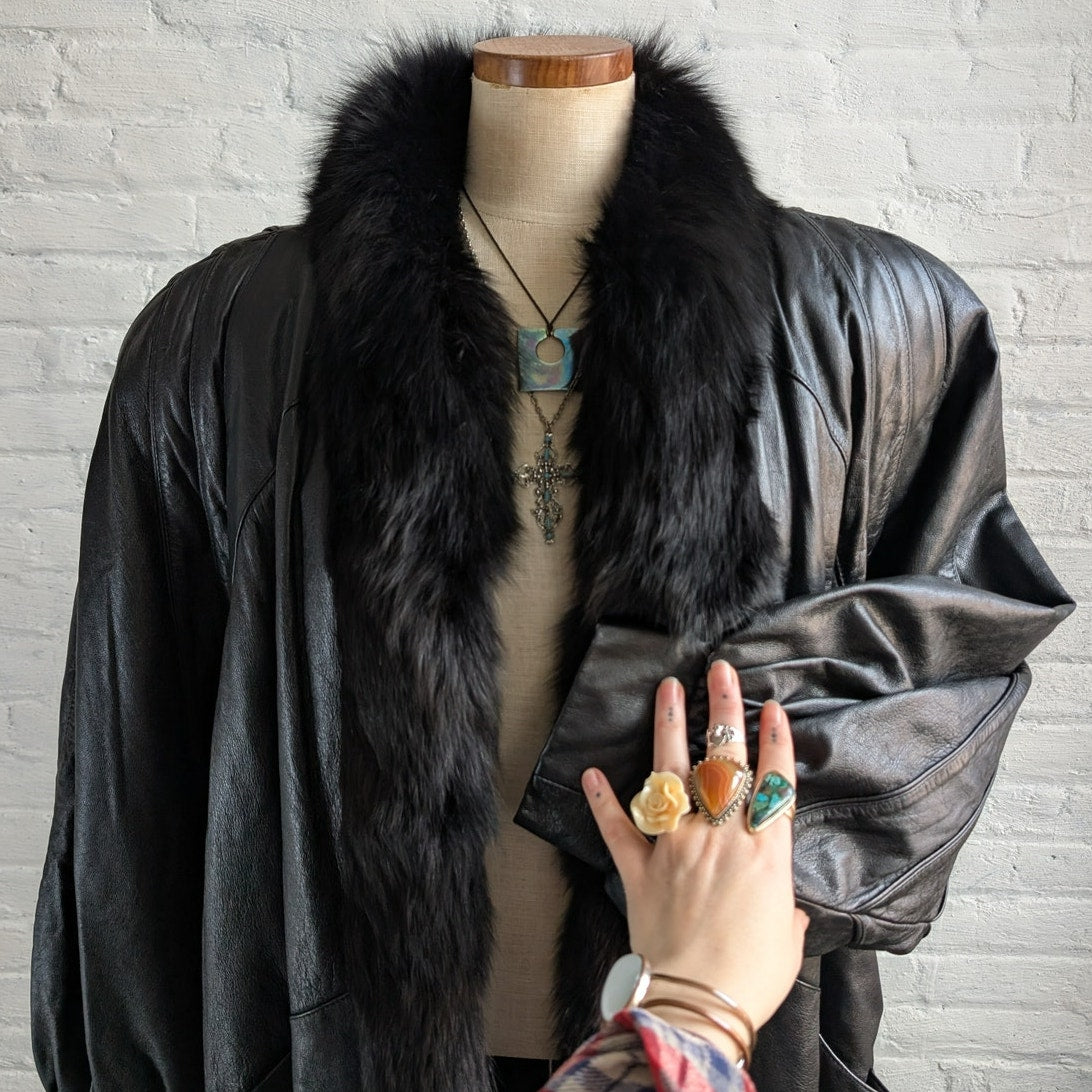 Vintage Black Leather Fox Fur Penny Lane Trench Coat Minimalist Duster Jacket