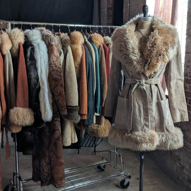70s Vintage Brown Leather Penny Lane Coat Tan Suede Fur Groovy Boho Afghan Coat
