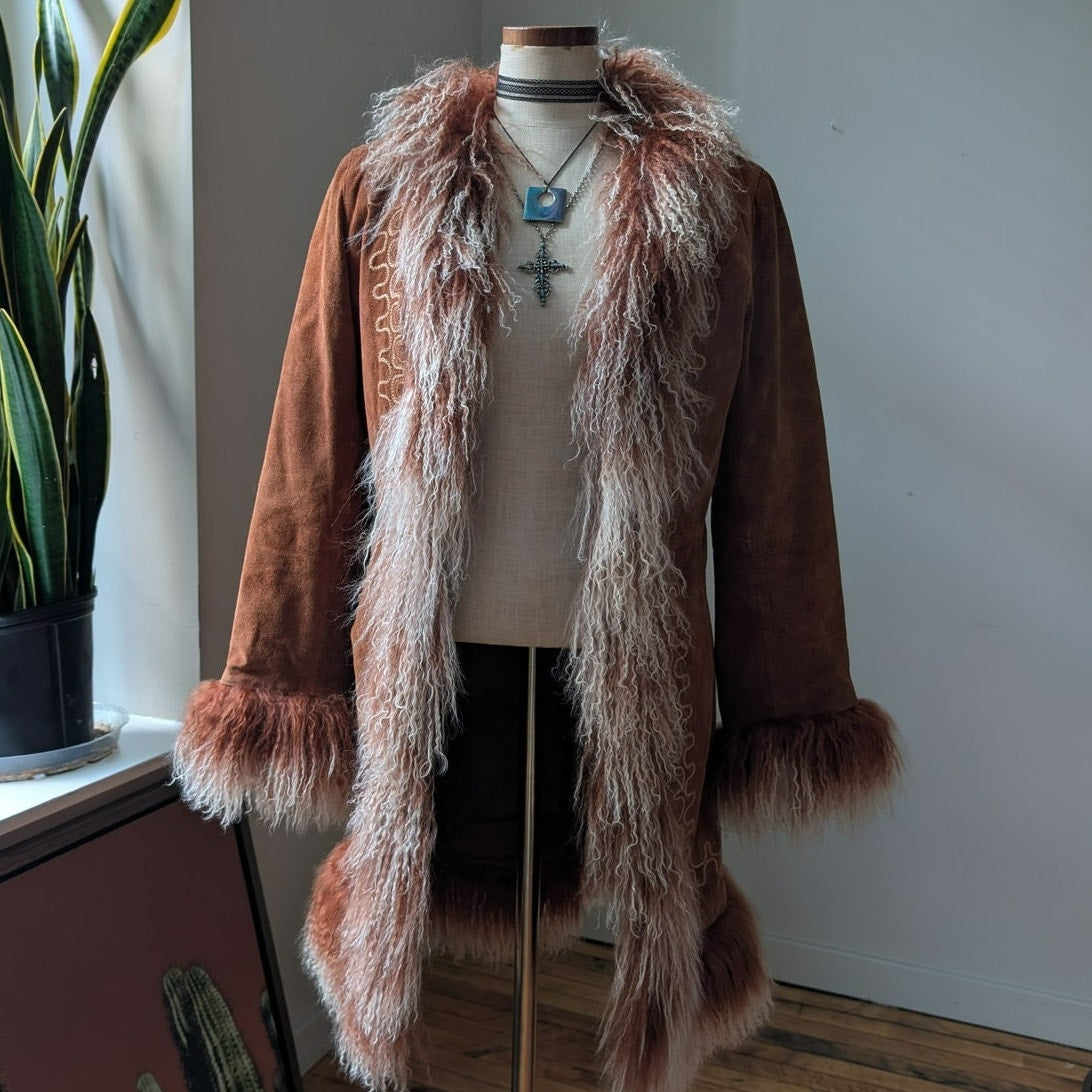 Vintage Rusty Brown Suede Coat Penny Lane Trench Groovy Fur Jacket Afghan Medium