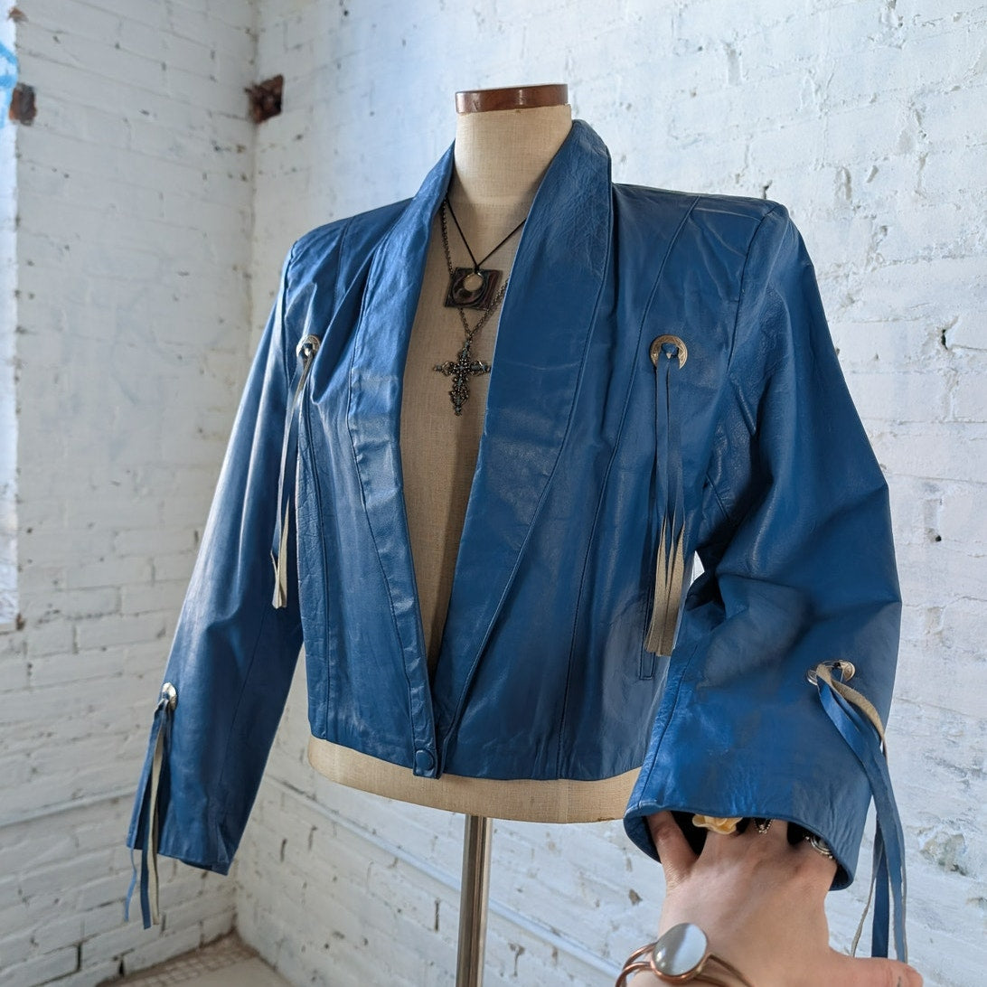 70s Vintage Cropped Fringe Leather Jacket Moto Biker Jacket Western Blue Medium