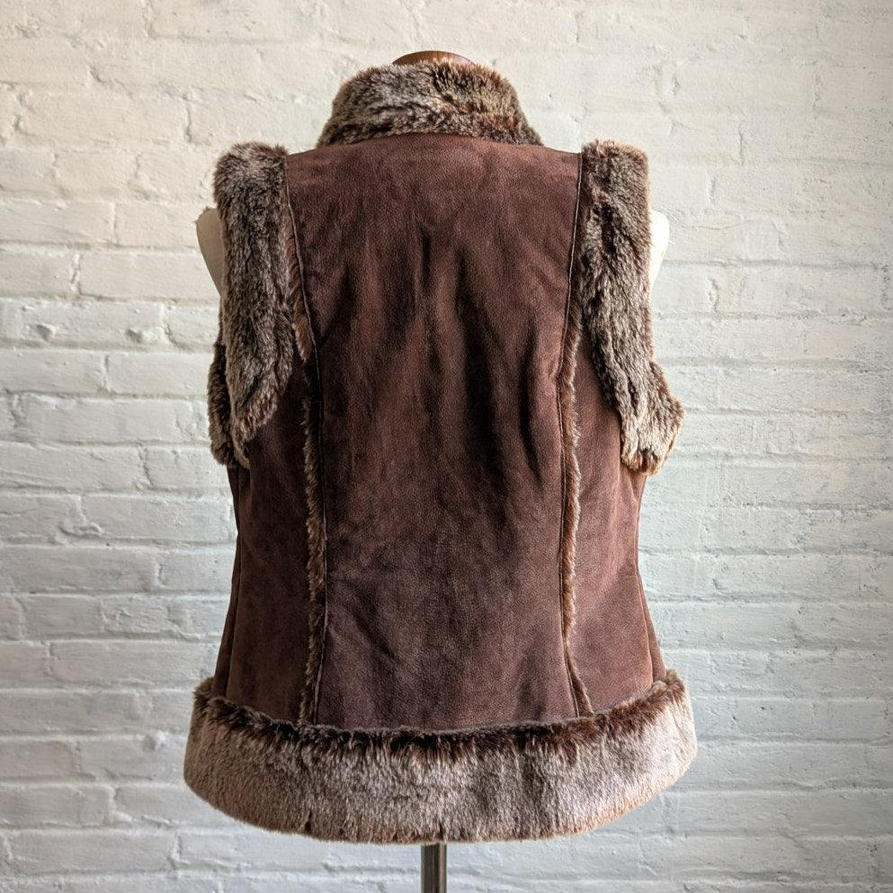 Y2K Vintage Brown Suede Fur Vest Penny Lane Fuzzy Leather Groovy Boho Moto Coat