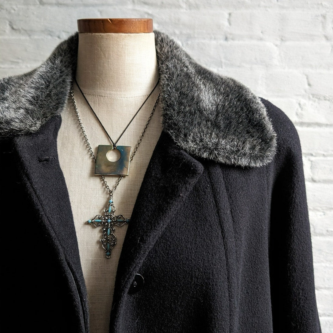 Vintage Black Wool Minimalist Trench Coat Fuzzy Faux Fur Dark Academia Jacket